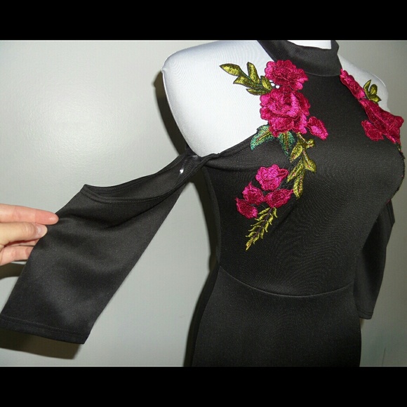 Floral Little Black Dress Cold Shoulder - Picture 3 of 8