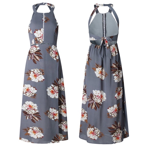 Open Back Grey Floral Halter Side Slit Maxi Dress - Picture 2 of 6