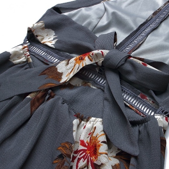 Open Back Grey Floral Halter Side Slit Maxi Dress - Picture 5 of 6