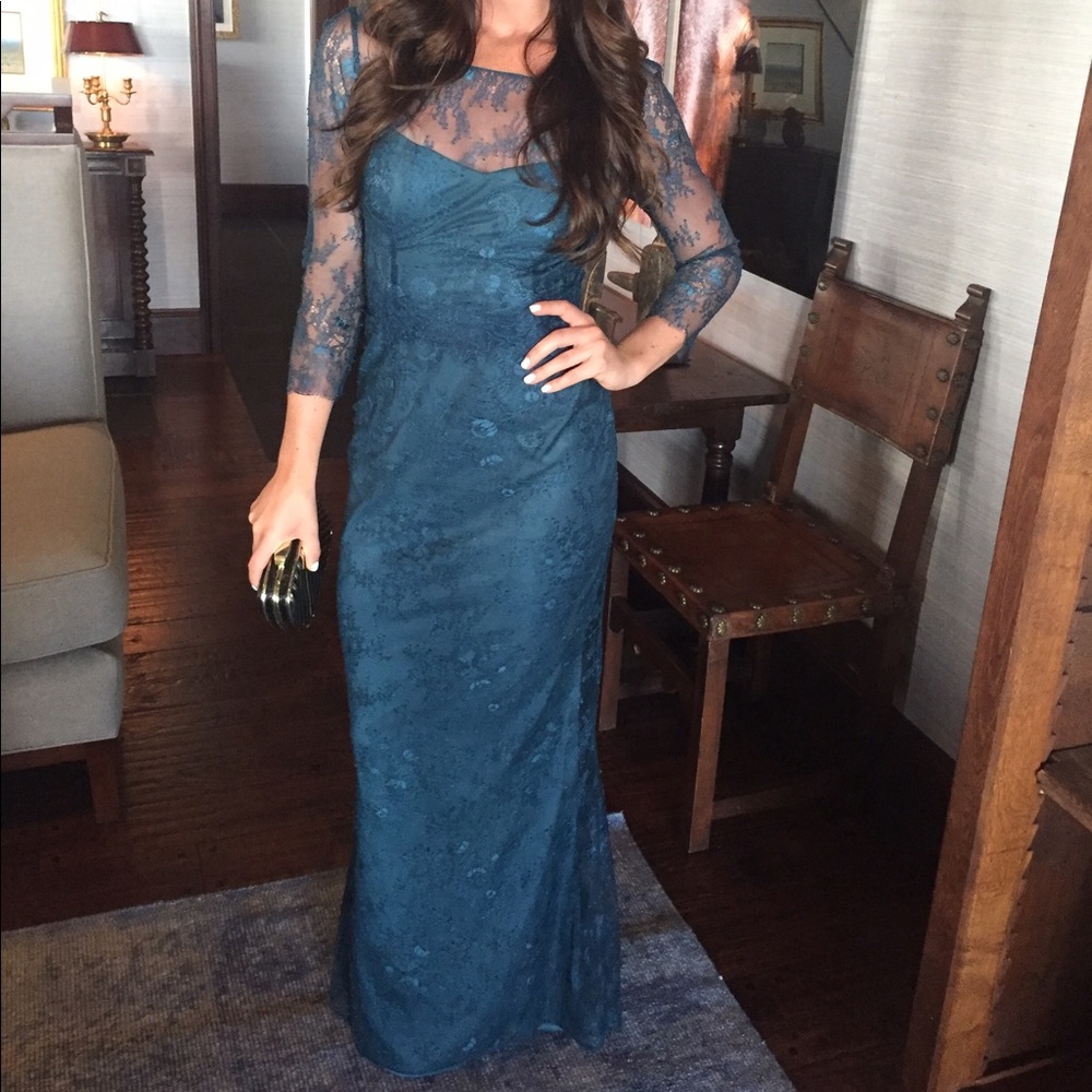 Floor length teal evening gown