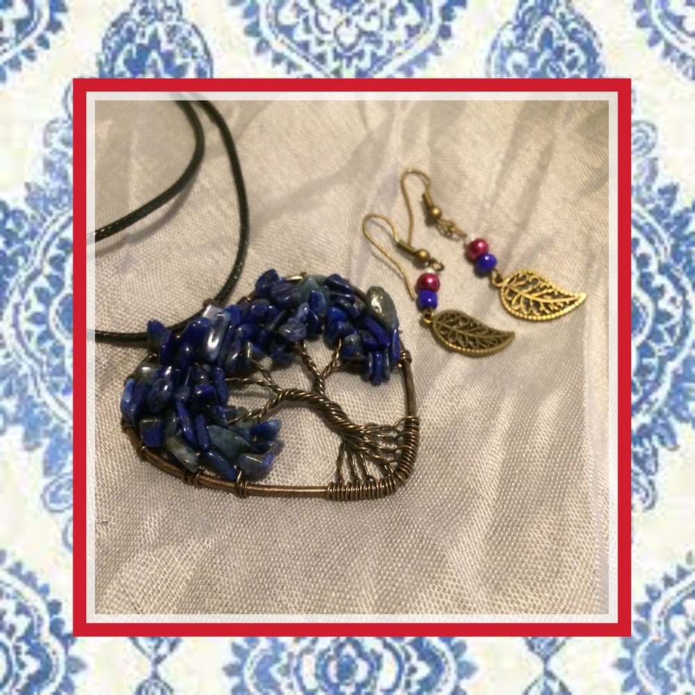 🌺2PC BRONZE LAPIS TREE NECKLACE & EARRINGS BOHO
