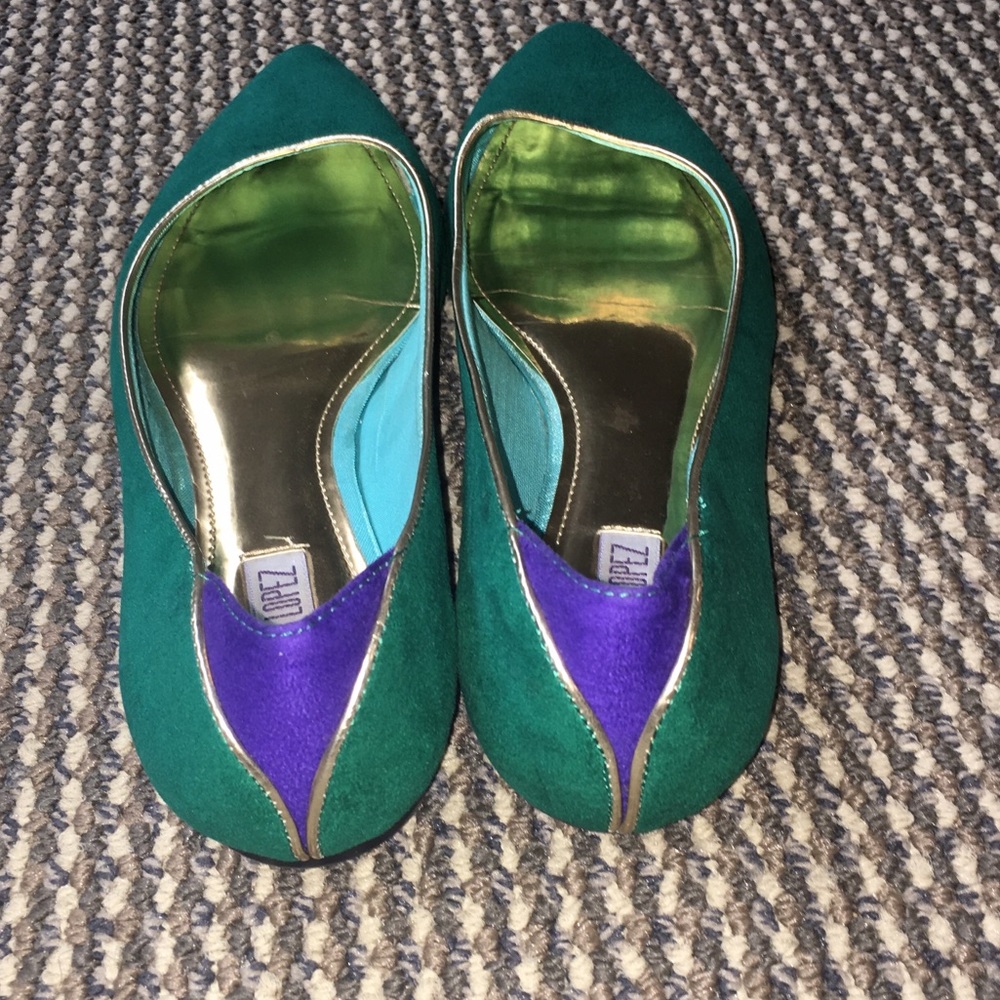 Emerald and purple J. Lo flats