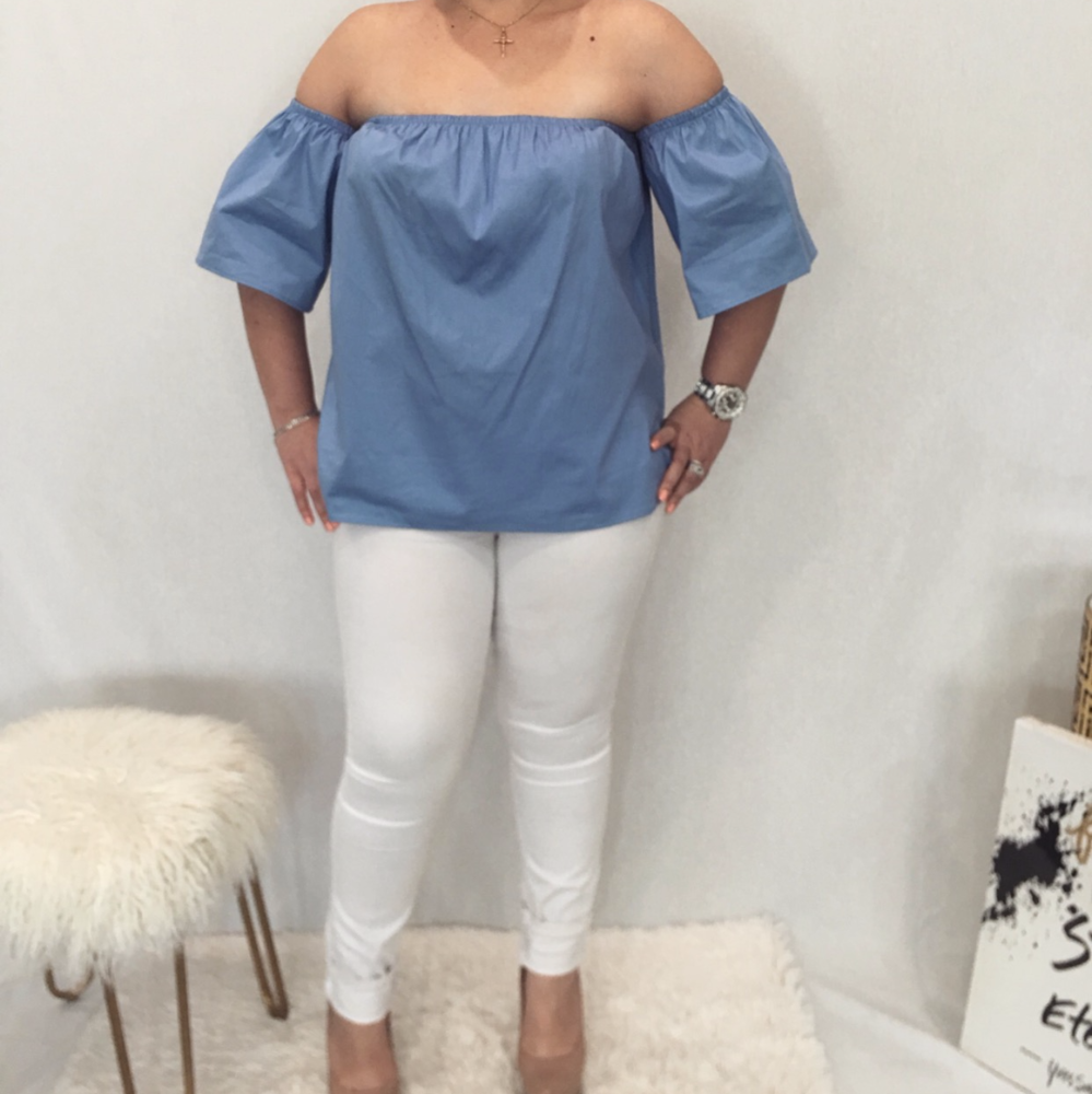 Light Blue Off The Shoulder Elastic Blouse