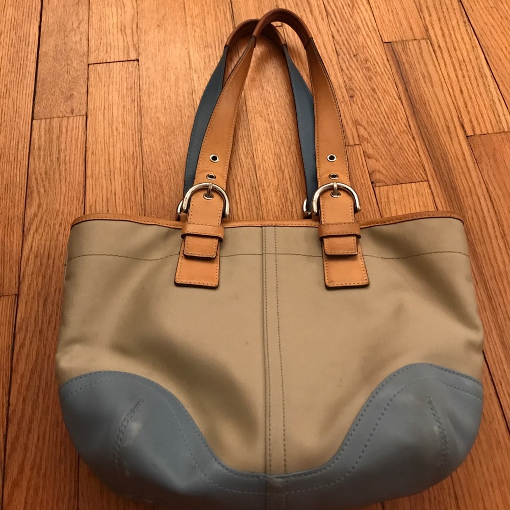 Tan and Blue Coach Bag