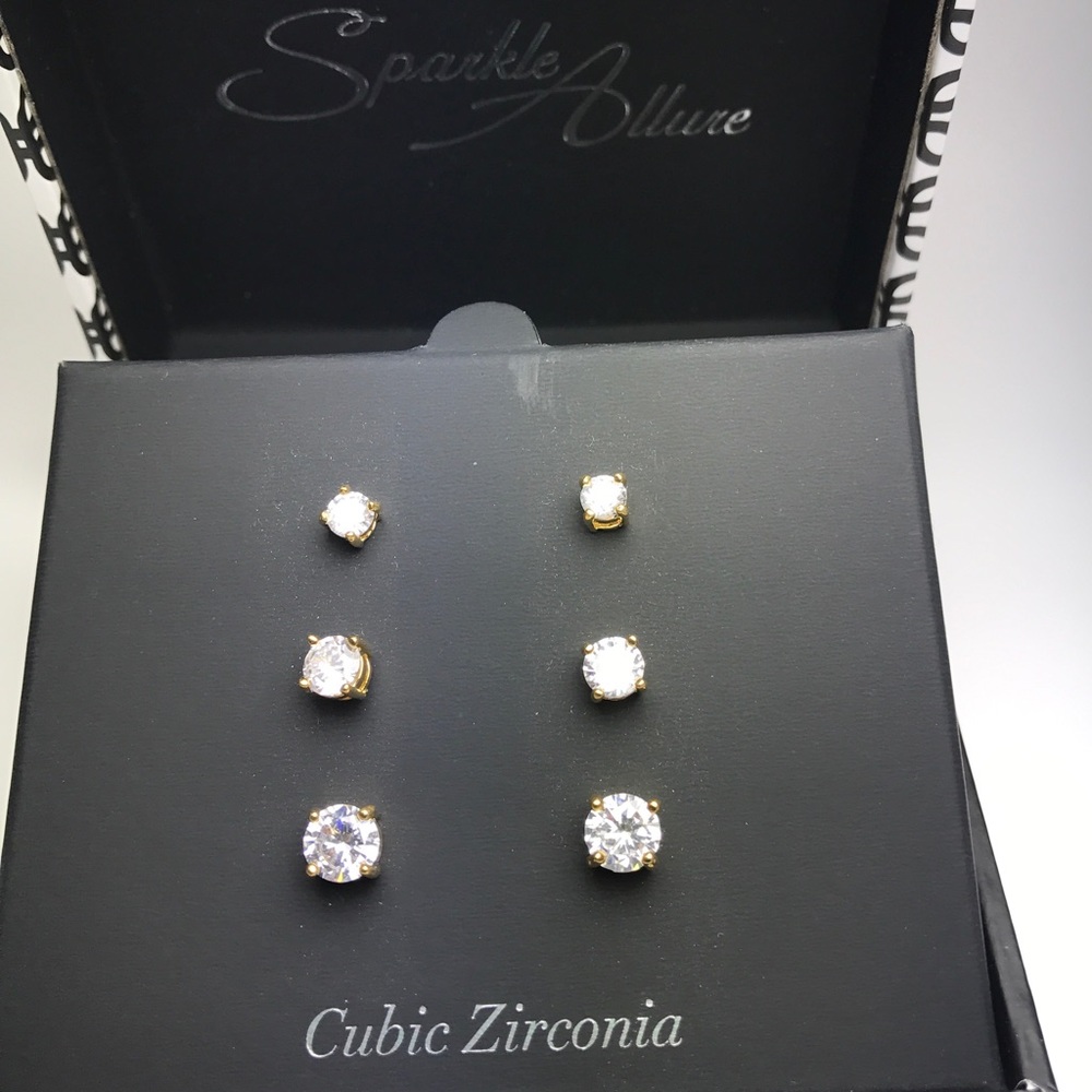 Cubic Zirconia Gold Tone Stud Earrings 3 Pairs New