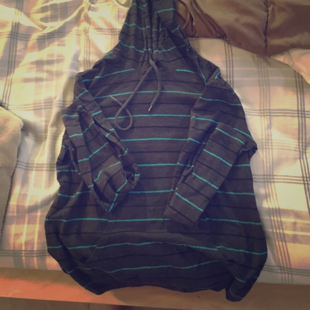 Grey hoodie with black and blue stripes