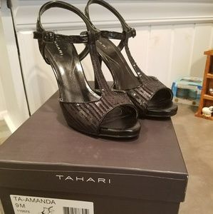 New Tahari T-Strap Sequin Black Shoes 9M