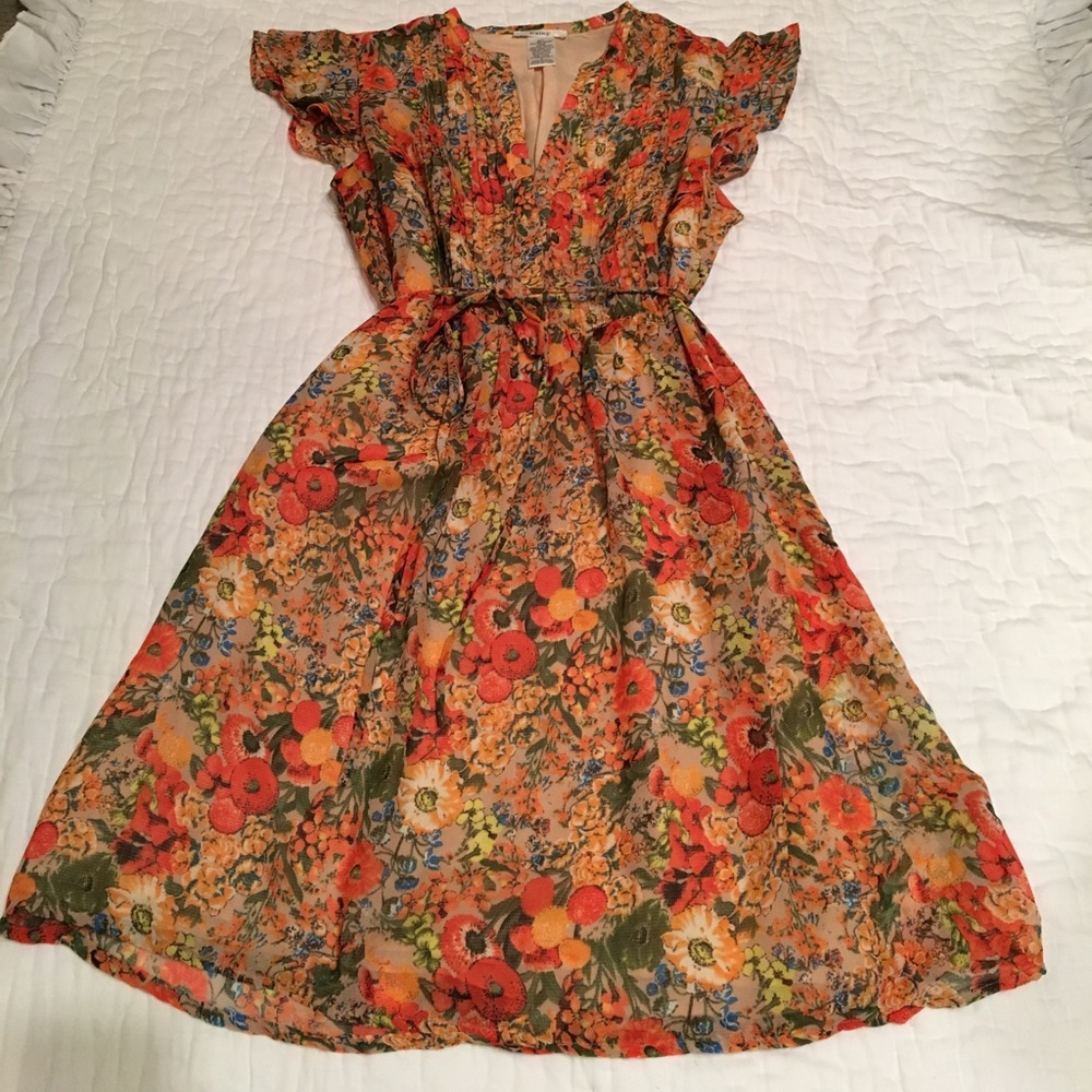 Orange floral print dress with ruffled bodice