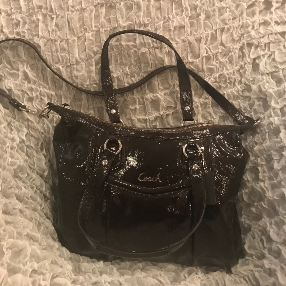 Coach dark brown patent leather satchel bag!!