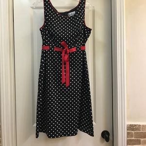 Black & White Sleeveless Polka Dot Dress Red Trim