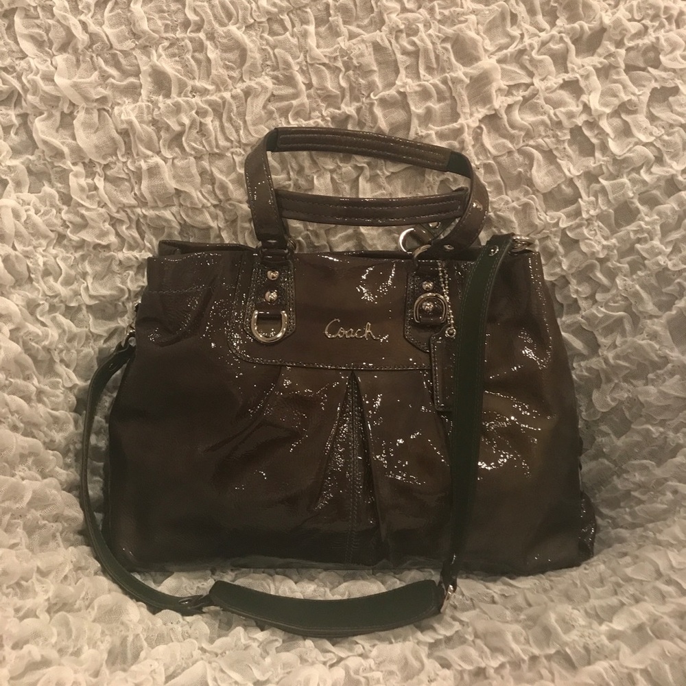 Coach patent leather forest green handbag!!