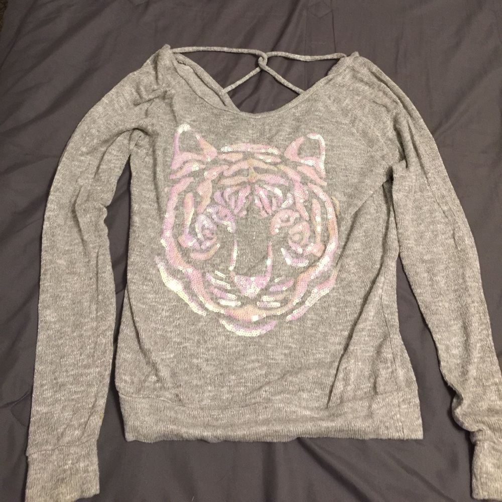 Gray top.