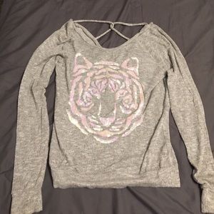 Gray top.