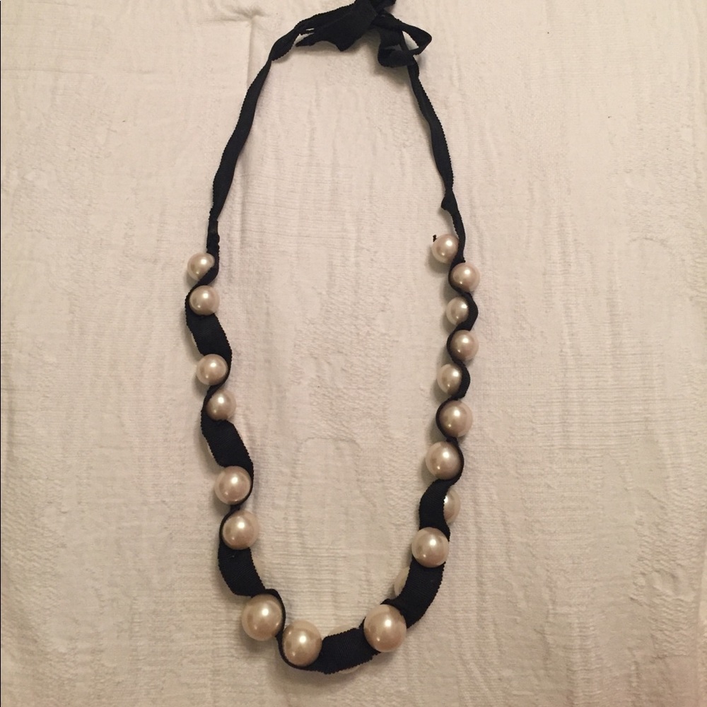 Pearl and black ribbon necklace