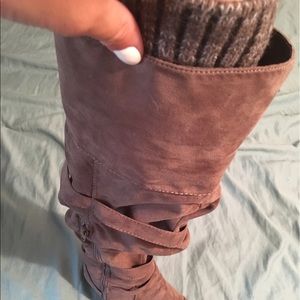 Tan, suede, over the knee boots.