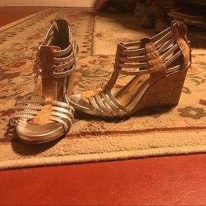 Sliver and beige wedges size 6