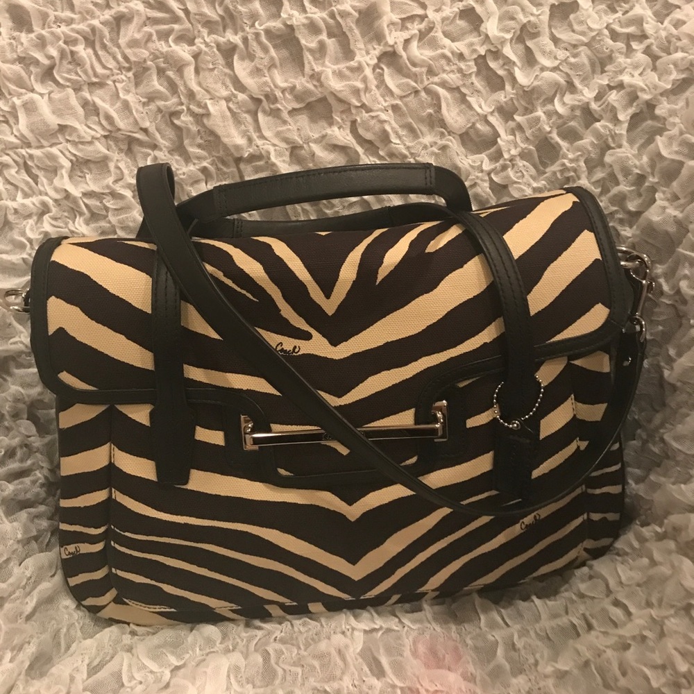 Coach brown zebra print leather/fabric handbag!!