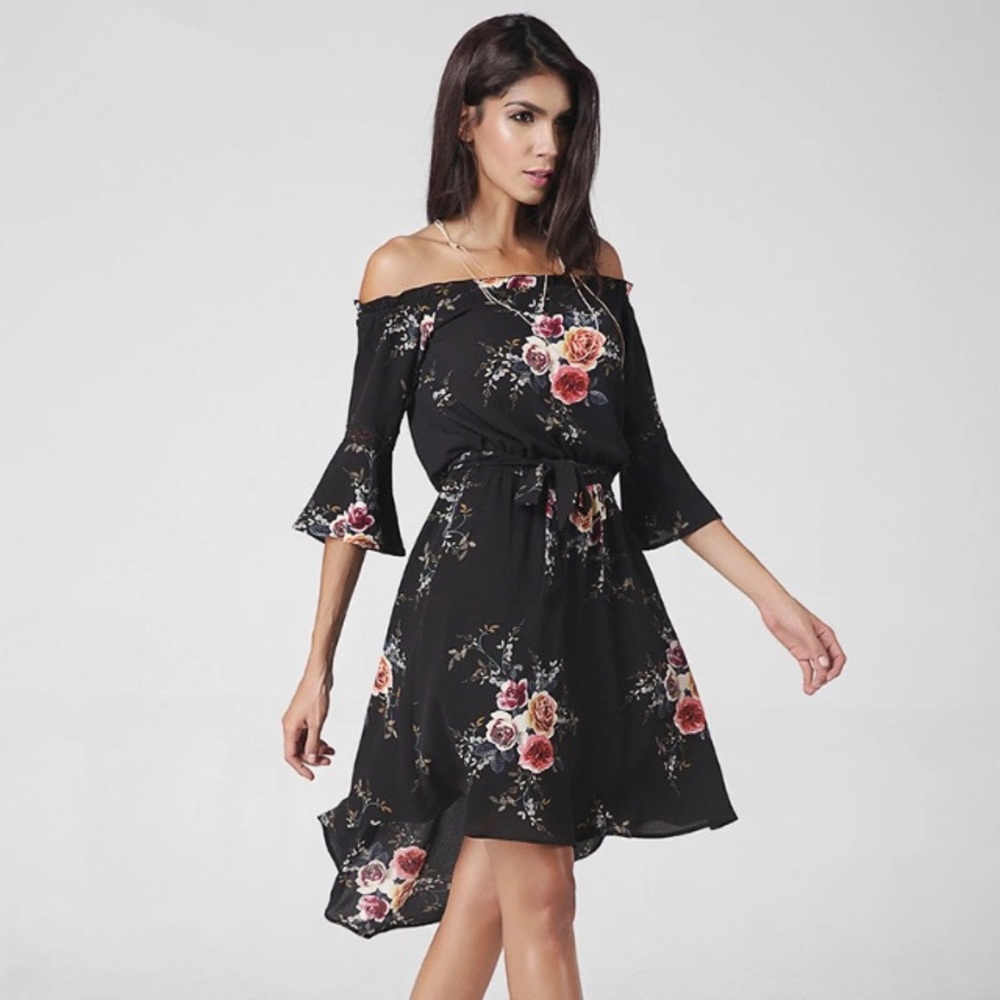 Off Shoulder Bell Sleeve Hi Low Floral Midi Dress - Picture 2 of 6