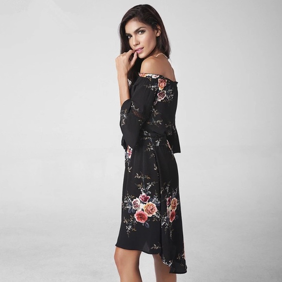 Off Shoulder Bell Sleeve Hi Low Floral Midi Dress - Picture 3 of 6