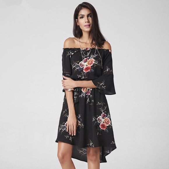 Off Shoulder Bell Sleeve Hi Low Floral Midi Dress - Picture 4 of 6