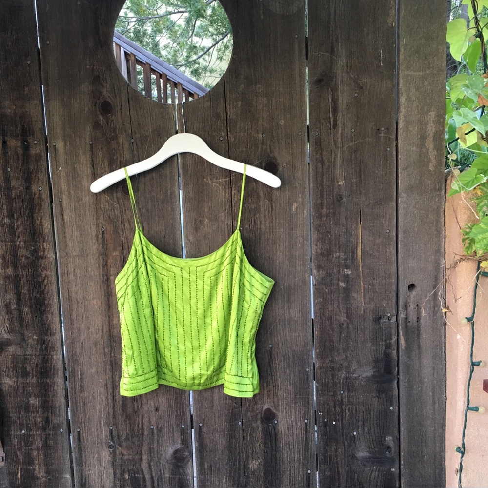 100% Silk Lime Green Beaded Vintage Tank - Picture 3 of 5