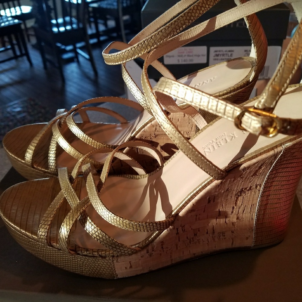 Anne Klein New York gold snake skin cork wedge heels Dunes