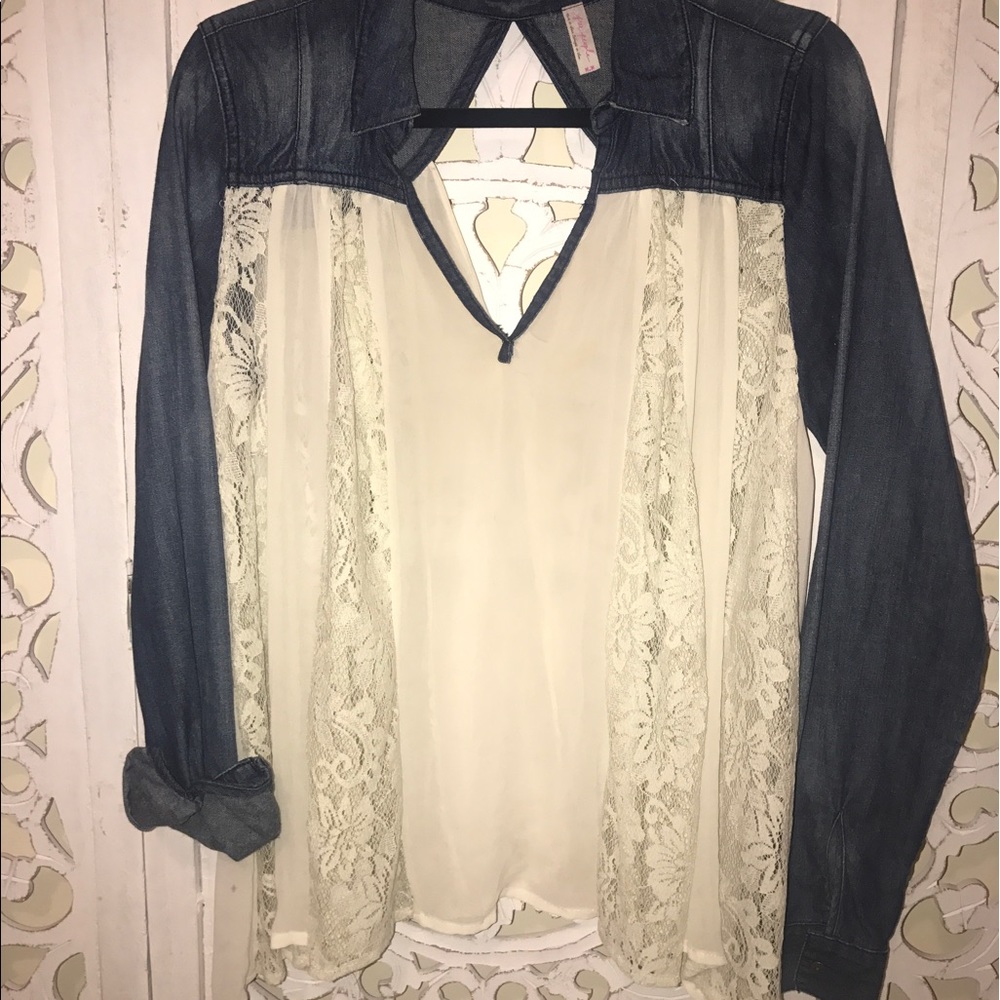 Free People demin and lace blouse