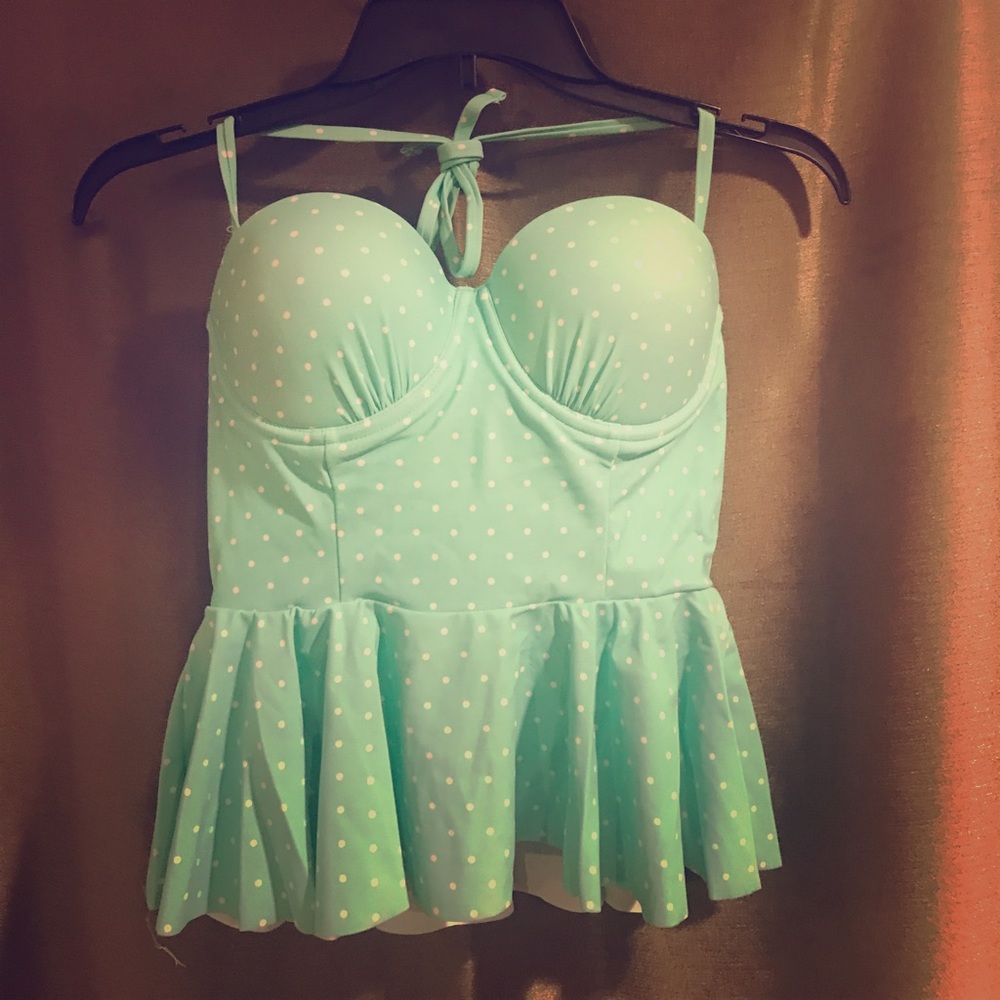 Tankini top turquoise with white polka dots