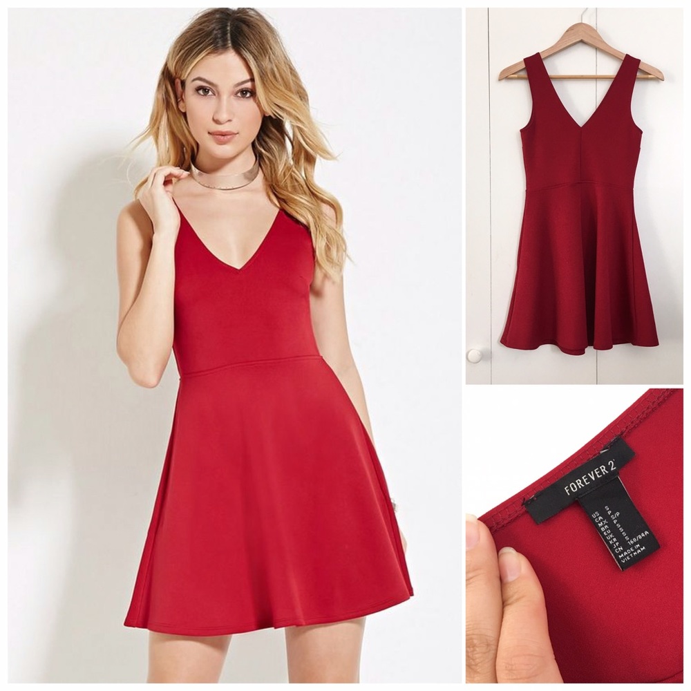 Forever 21 Fit & Flare Red Scuba V-neck Mini Dress