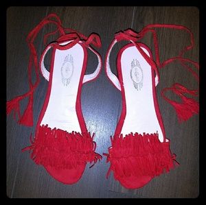 Red Tassel Lace-Up Fringe Sandals