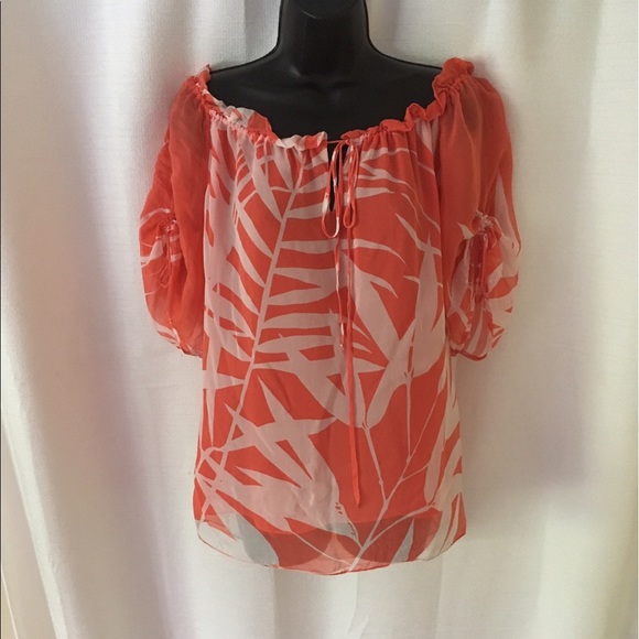 MILLY Silk Coral Tropical Off Shoulder Top - Picture 2 of 8