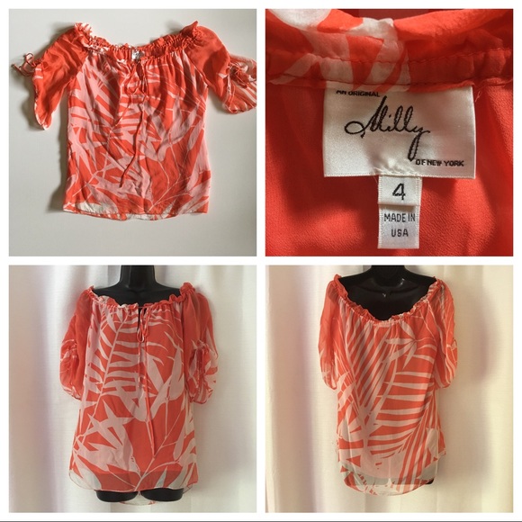 MILLY Silk Coral Tropical Off Shoulder Top - Picture 3 of 8