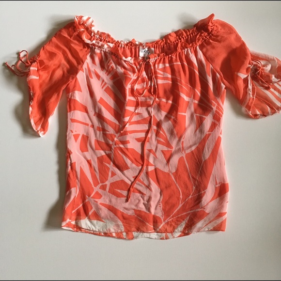 MILLY Silk Coral Tropical Off Shoulder Top - Picture 5 of 8
