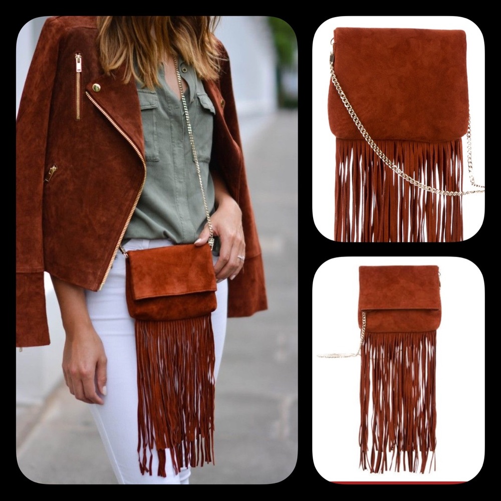 KAREN MILLEN SUEDE FRINGE CROSS BODY BAG