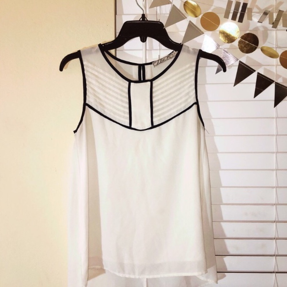 Chloe K Ivory Chiffon Top with Navy Blue detailing