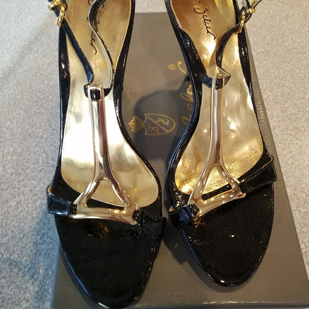 Sergio Zelcer Gold T strap stilletto heels 10