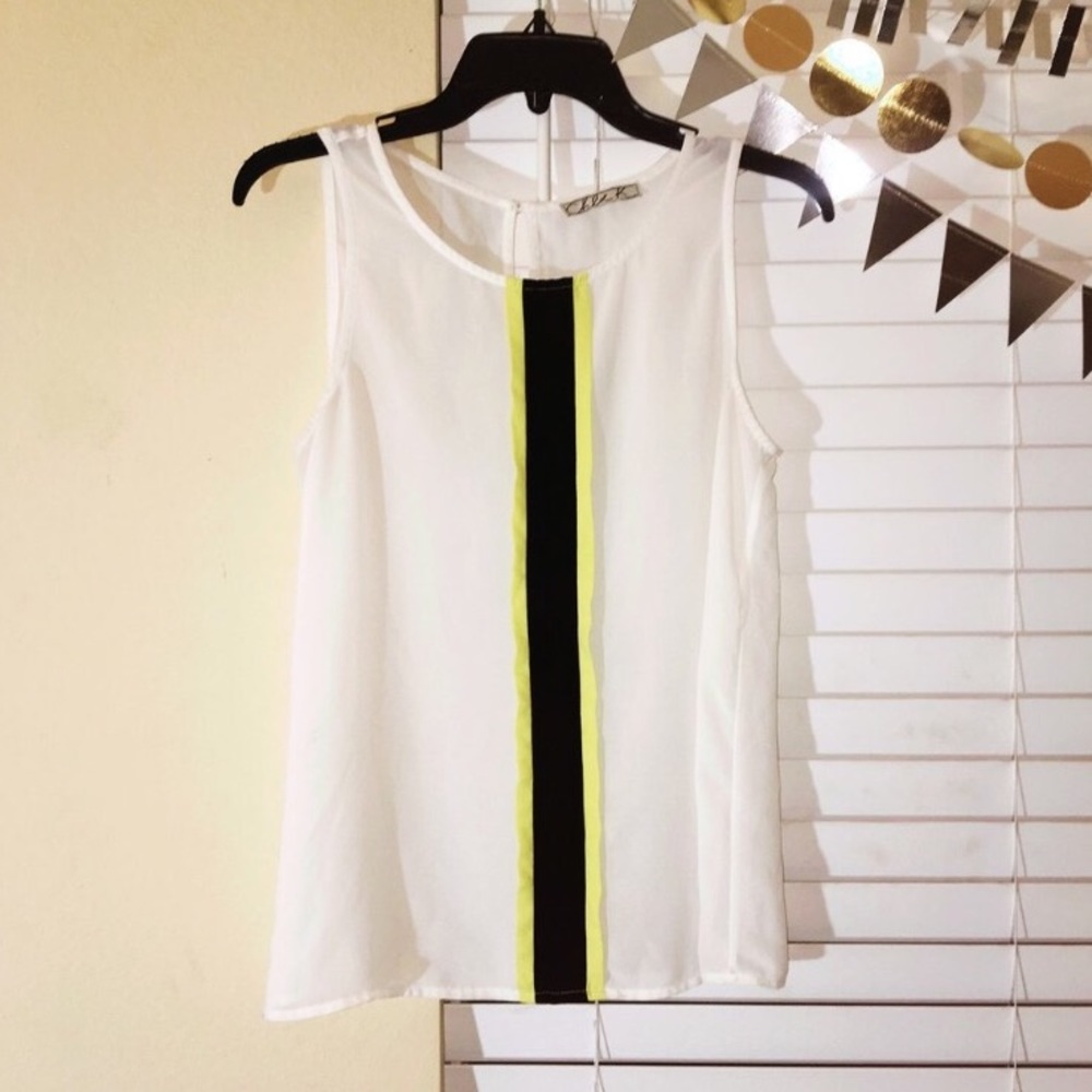 Chloe K White Chiffon Top w/ Black & Yellow stripe