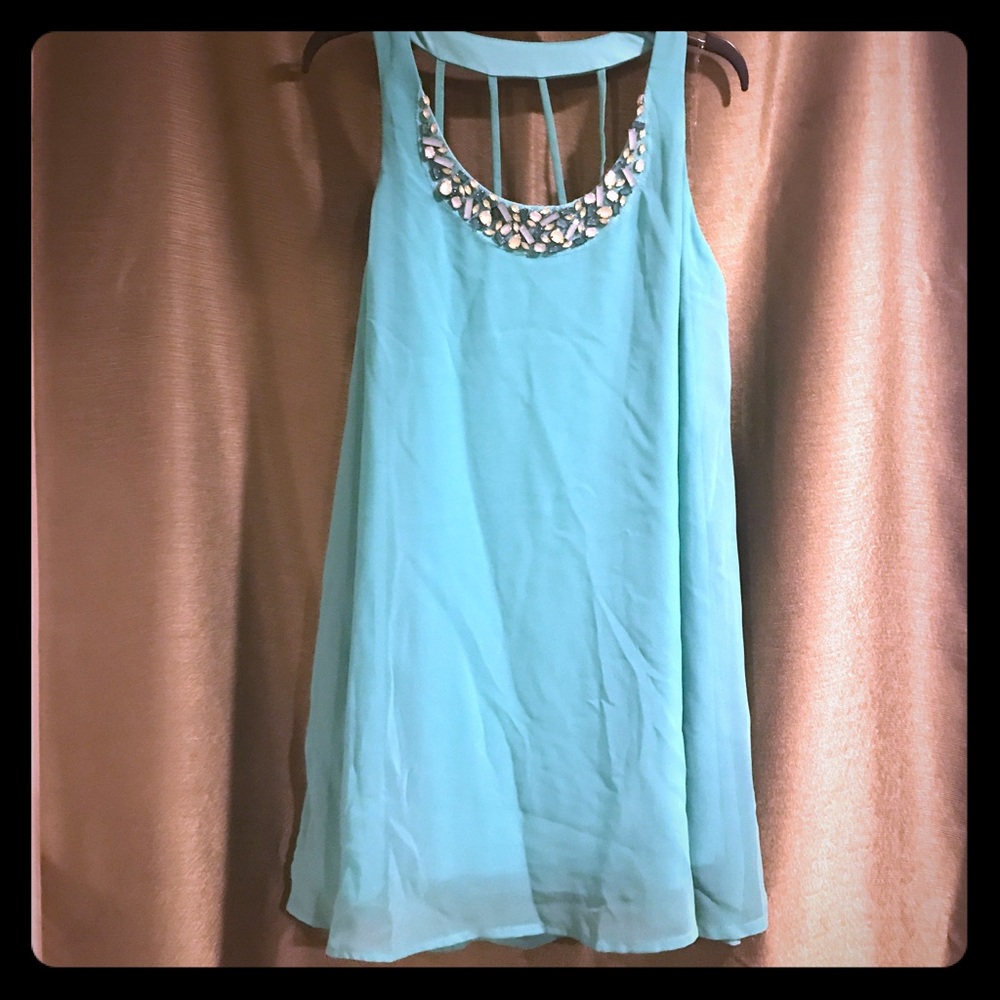 Jade color mini dress with neck line embellishment