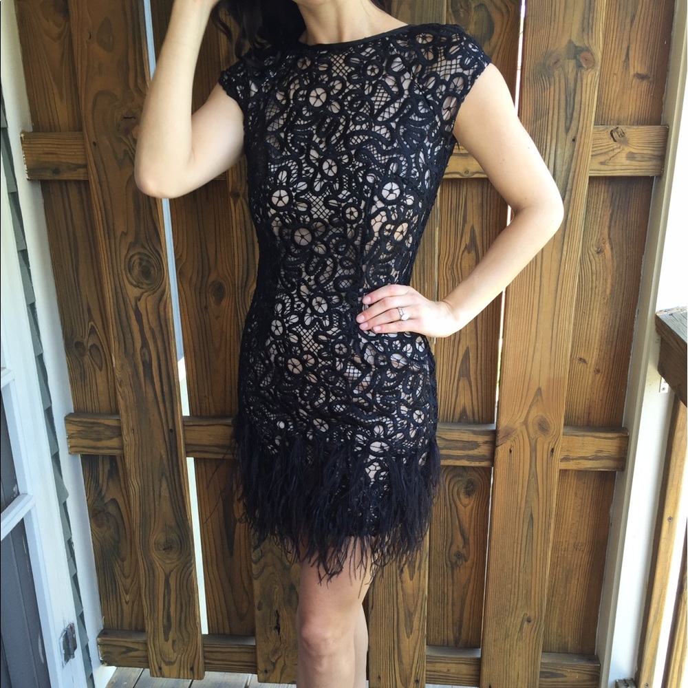 MacDuggal feathered cocktail dress open back