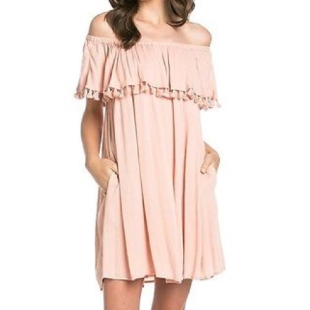 Pom Pom Off the Shoulder Dress