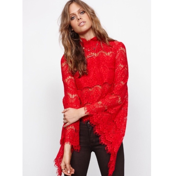 MINKPINK | Red lace bell sleeved top - Picture 1 of 6
