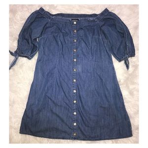 off the shoulder denim shirt dress