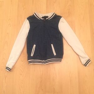 Blue jean print varsity jacket