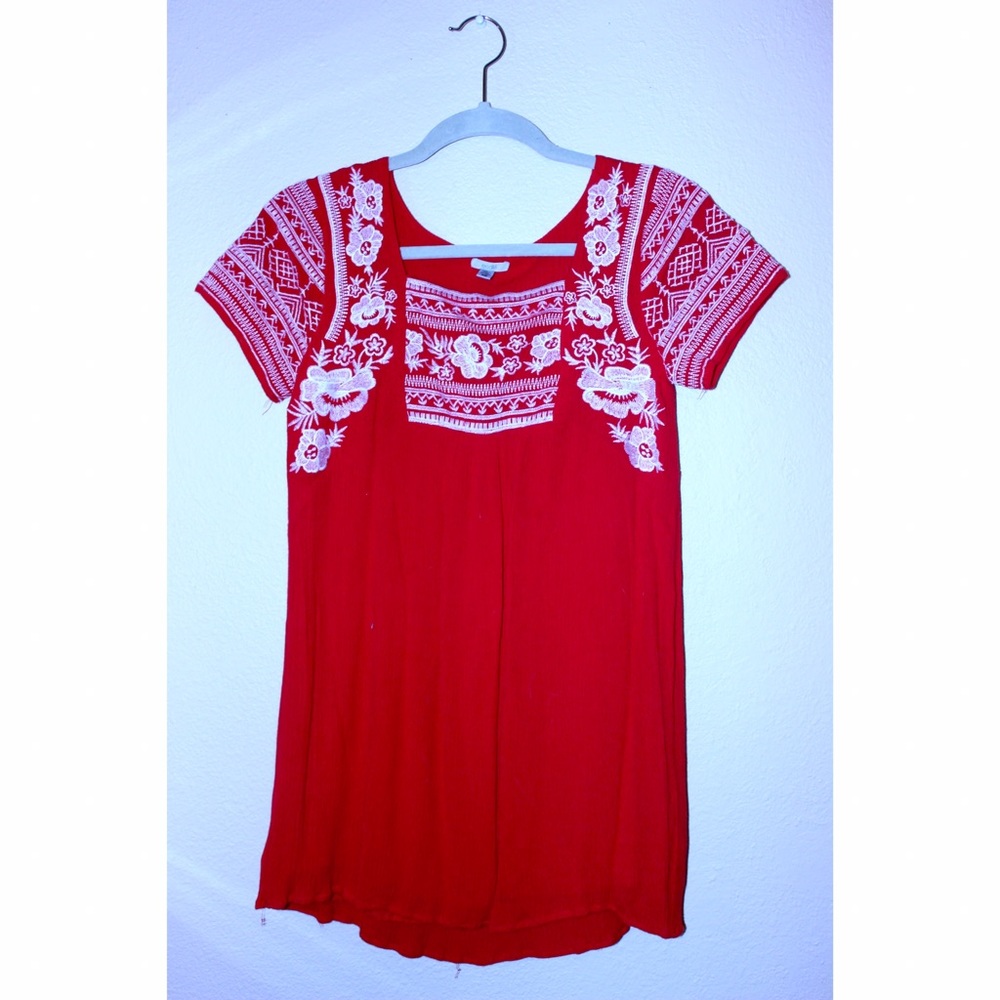 Red Embroidered Tunic Dress