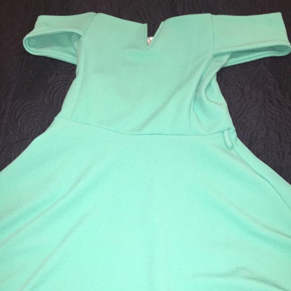 An Aqua Off the shoulder fit and flare dress