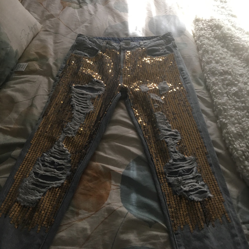 Sequined ripped jeans