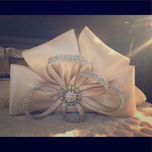 Large champagne hat with rhinestone flower accent