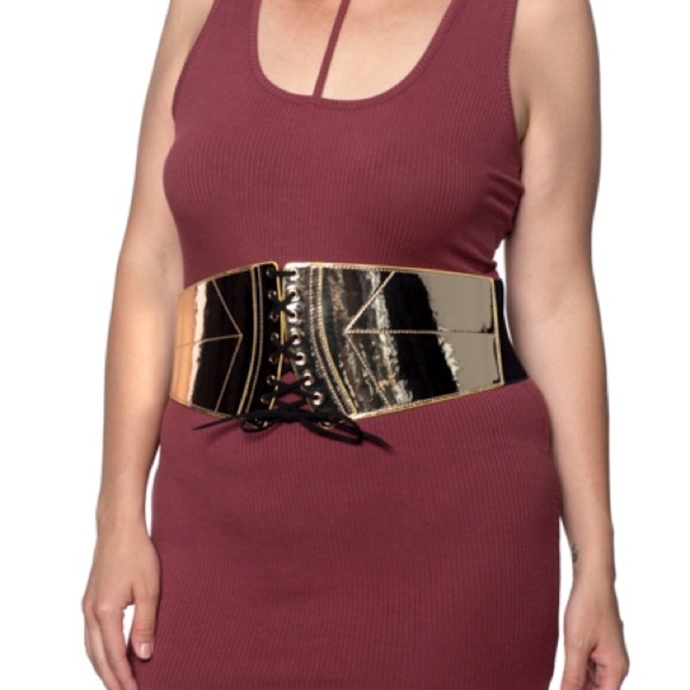 Plus size lace up patent metallic gold corset belt