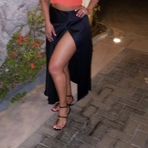 Black satin skirt with slits on each side