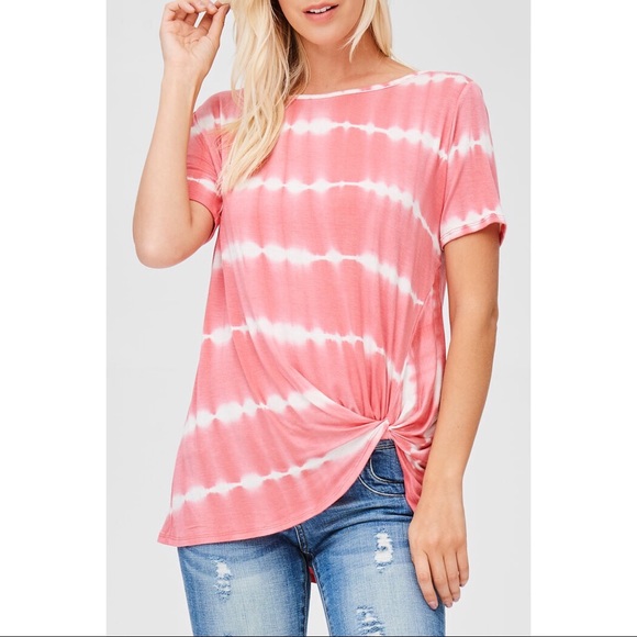 Tops - Coral/White Tie Dyed Twist Front Top